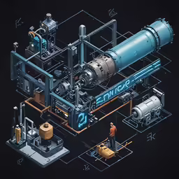 two men looking at machinery in a black background