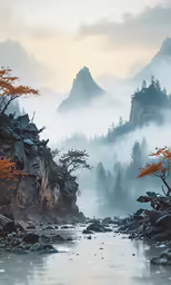 fog hangs over the rocky shore and forested mountains