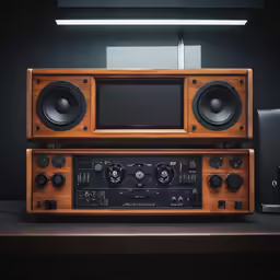 there are two boomboxs and an electronic device on the table