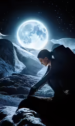 a woman kneeling down next to a mountain in the night with a full moon in the sky