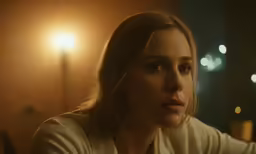 a woman in a white shirt looking out a window