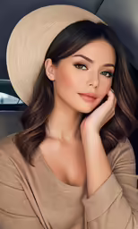 a woman in a hat and tan sweater is posing for the camera
