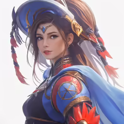 a girl with a blue and red uniform holding a gun