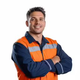 a man wearing an orange safety jacket posing for a picture