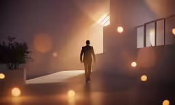 a man walks towards the light coming from a window