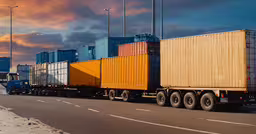 a truck that is carrying cargo down a road,a semi truck hauling multiple trailers on an open highway