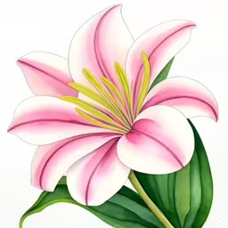 a painting of a pink flower with green leaves