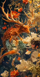 a painting with flowers and antlers on the side