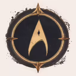 a black and gold painting with an emblem