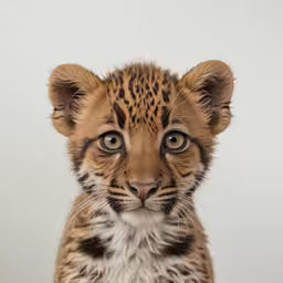 a baby jaguar is staring ahead at the camera