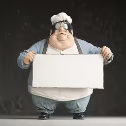 a statue is posed holding an empty sign