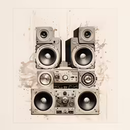 five speakers are stacked in front of a speaker
