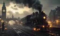 a train driving down train tracks through a city