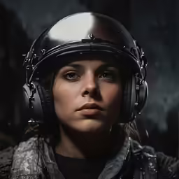 a woman wearing a helmet and listening to headphones