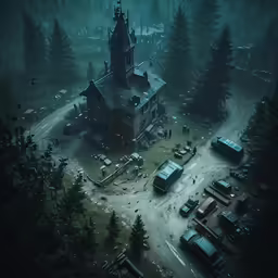 an old building surrounded by forest during night time