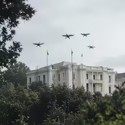 four jet planes flying in the sky above an old building