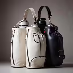 two gas cans are beside each other on the table