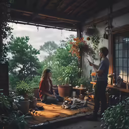 two people sitting on a porch and one is talking to another person who is holding a plant