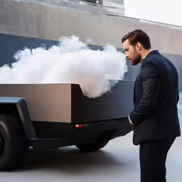 a man in a suit looking at a smoke bomb