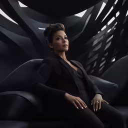 woman in black dress sitting on a grey chair