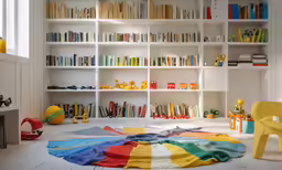 a playroom with books and childrens toys