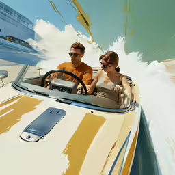 a man and a woman sitting in the back of a yellow sports car