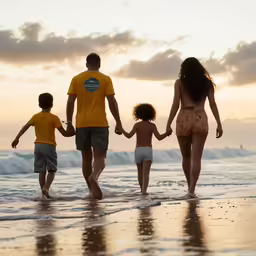 family walking on the beach at sunset with one carrying a child