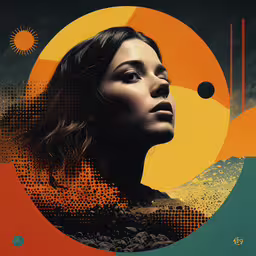 an abstract photo with a woman standing in front of an orange circle,a beautiful woman with a sun behind her