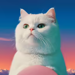 a white cat looks towards the distance