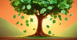 a colorful wallpaper featuring an illustration of a tree,a 3d rendering of the tree that holds lots of leaves
