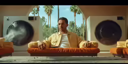 a man in yellow sitting on a couch with large speakers behind him