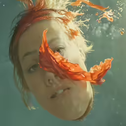 a young woman underwater holding a flower in front of her face