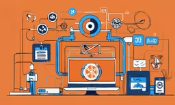 a computer with various icons and some writing on it,a computer screen surrounded by different objects in a orange room
