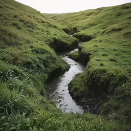 a grassy field covered with water and lots of green plants