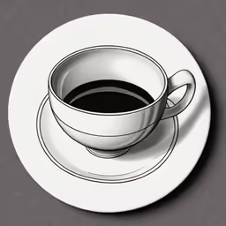 black and white coffee on a plate with a cup