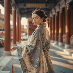 the lady stands next to the wall with an orange umbrella