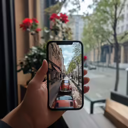 a hand holding up an iphone with a photo of the city
