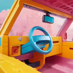 the steering wheel and the inside of a toy bus