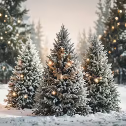 two snowy trees and a small bush are next to each other