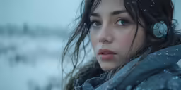 the woman is wearing headphones and snowing in the background