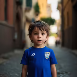 a little boy with a blue shirt is standing in a alley
