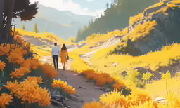 two people walking through the yellow flowers