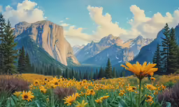 a mountain scene with wildflowers and pine trees