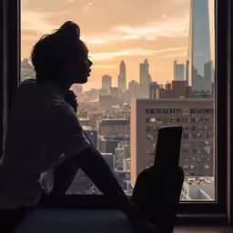 a person looking out the window with an open laptop in front of them