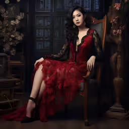 an attractive woman in red gown sitting in a chair,a beautiful woman sitting on top of a chair wearing red