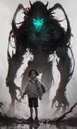 a child is standing next to an evil creature