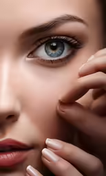 a woman with large, blue eyes wearing ring finger nails