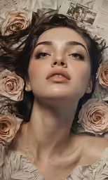 an artistic woman is laying down and looking at the camera