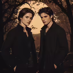 two people are standing in the woods