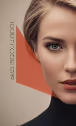a blonde haired woman with blue eyes wearing a black turtle neck top